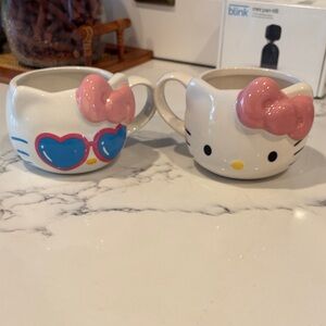 Hello Kitty White Ceramic Mugs with Pink Bows and Blue Sunglasses Accent
